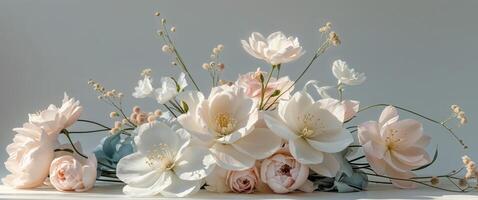 A bouquet of white and pink flowers on a table photo