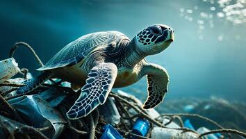 A turtle is sitting on top of a pile of garbage photo