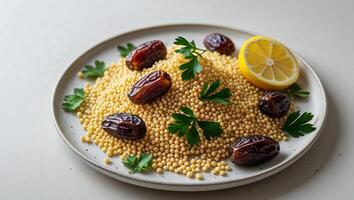 plate of golden couscous pearls with dark dates fresh parsley and slice of lemon and tomato photo