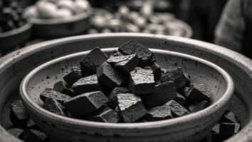 Close up of bowl overflowing with chunks of coal for sale at market photo