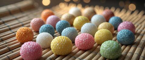 A pile of colorful eggs on a bamboo mat photo