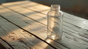 A bottle sitting on a wooden table photo