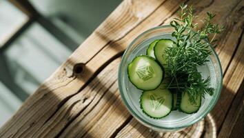 Detox water with cucumber slices and herbs in a glass on a rustic wooden table photo