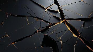Black shattered surface with golden cracks creating copy space background photo