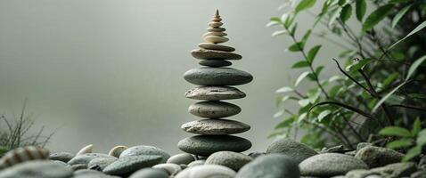 Stacked natural circular objects with greenery. photo