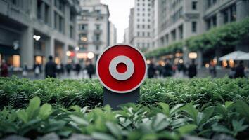 Red target standing out from the crowd in urban green space photo