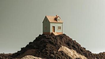 Miniature house sitting on fertile soil representing new home construction photo