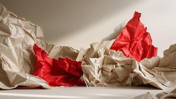 Beige and red crumpled glued paper creating a textured abstract background photo