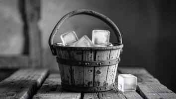 Ice cubes overflowing from old wooden bucket on rustic table photo
