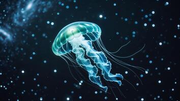 Abstract glowing jellyfish pulsating in a dark cosmos of twinkling lights photo