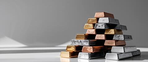 Stacked metal ingots of various precious and industrial metals. photo