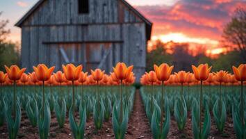 Orange tulips growing in garden rows at sunset with barn in background photo