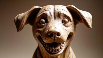 Charming wooden carving depicting a cheerful puppy with joyful expression photo