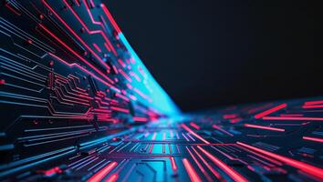 Abstract futuristic circuit board design with red and blue neon lights on dark background photo