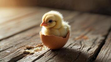 Newborn chick hatching from egg on rustic wooden surface photo