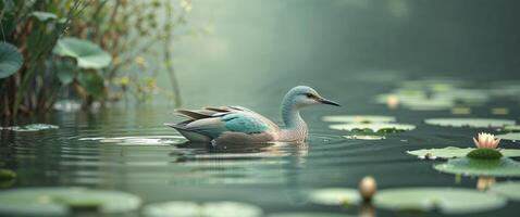 A duck floating on the water with lily pads photo