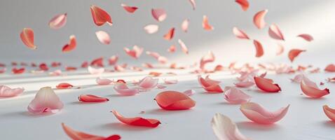 A bunch of pink petals are scattered on a white surface photo