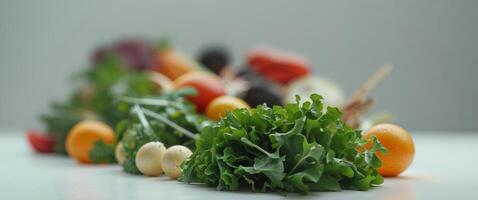 A bunch of vegetables are arranged on a table photo