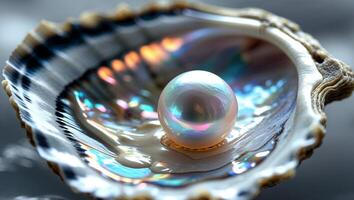 A pearl in a shell with a rainbow reflection photo