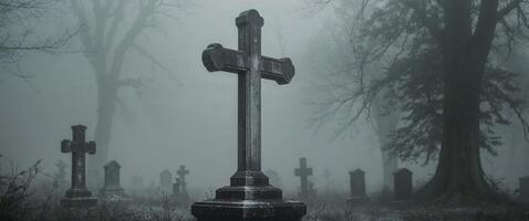 A graveyard with a cross in the middle of it photo
