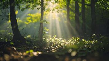 Sunlight shining through the trees in a forest photo