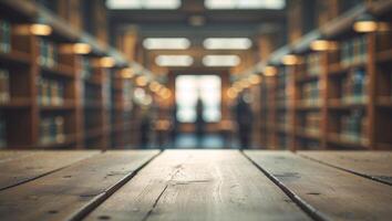 An empty wooden table in a library with bookshelves photo