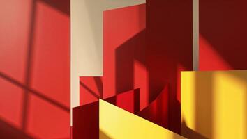 A red and yellow building with a yellow window photo