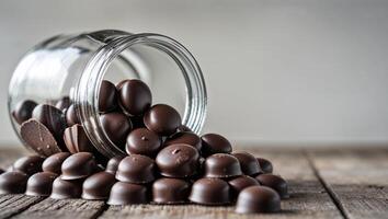Chocolate candies in a jar on a wooden table photo