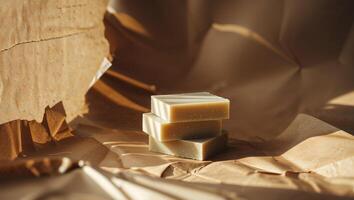 Three squares of soap sitting on top of a brown paper photo