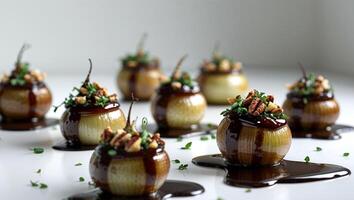 A white table covered with small apples covered in chocolate photo