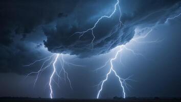Two lightning bolts strike the sky in a dark sky photo