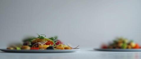 Two plates with food on them on a table photo
