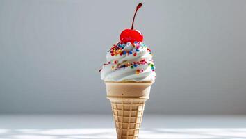 Ice cream cone with cherry and sprinkles photo