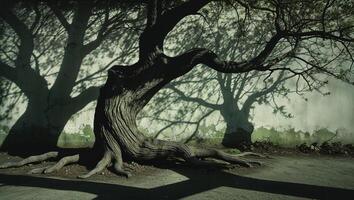 mysterious shadows dancing on a melting beneath an ancient tree photo