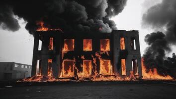 Building engulfed in intense flames representing disaster and crisis photo