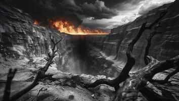 a smouldering scene at the edge of a cliff, gazing into an endless abyss beneath a burning sky photo