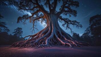 a illuminated scene beneath a giant tree that stretches its roots deep into the stars photo