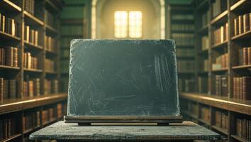 An empty blackboard in a library with bookshelves photo