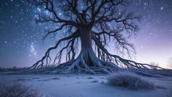 A tree with roots in the snow under a starry sky photo