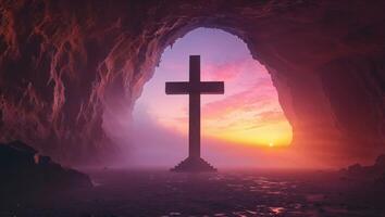 A cross is standing in front of a cave with a sunset in the background photo
