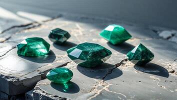 Five emerald stones are arranged on a stone surface photo