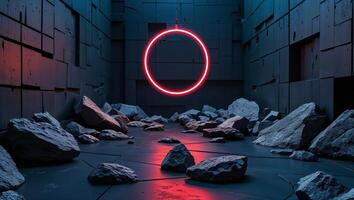 Blazing Red Neon Circle Illuminates a Dark Geometric Wall Structure with Scattered Rocks photo