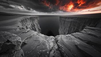 a celestial scene at the edge of a cliff, gazing into an endless abyss beneath a burning sky photo