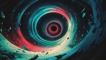 a broken scene inside a black hole, where time bends into a spiral of infinite colors photo