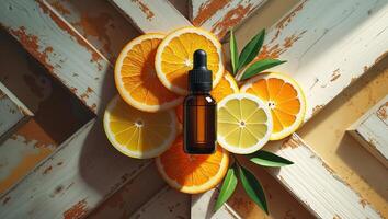 Citrus Essential Oil Extract with Orange and Lemon Slices on Rustic Wooden Background photo