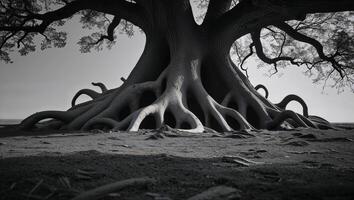 surreal shapes emerging in a shadow beneath an ancient tree photo