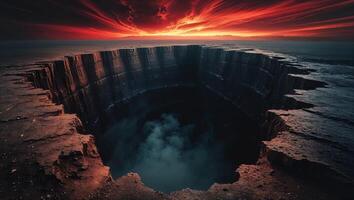 a mystical scene at the edge of a cliff, gazing into an endless abyss beneath a burning sky photo