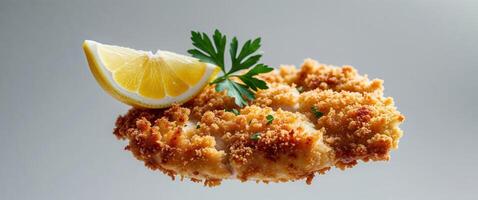 Crispy Breaded Chicken Schnitzel with Lemon and Parsley Garnish. photo