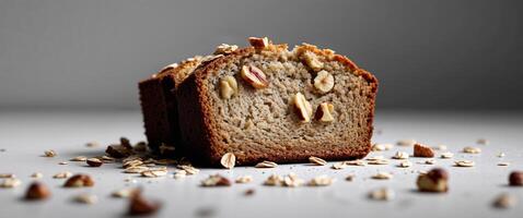 Delicious sliced banana bread with nuts and oats photo