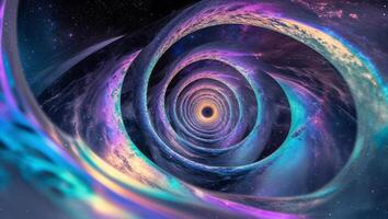 a frozen scene inside a black hole, where time bends into a spiral of infinite colors photo